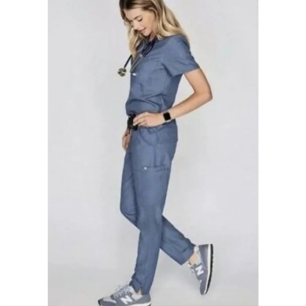 FIGS Scrub Set Heather Denim Catarina Top Yola Skinny Pants M Petite Stretch - Picture 3 of 15